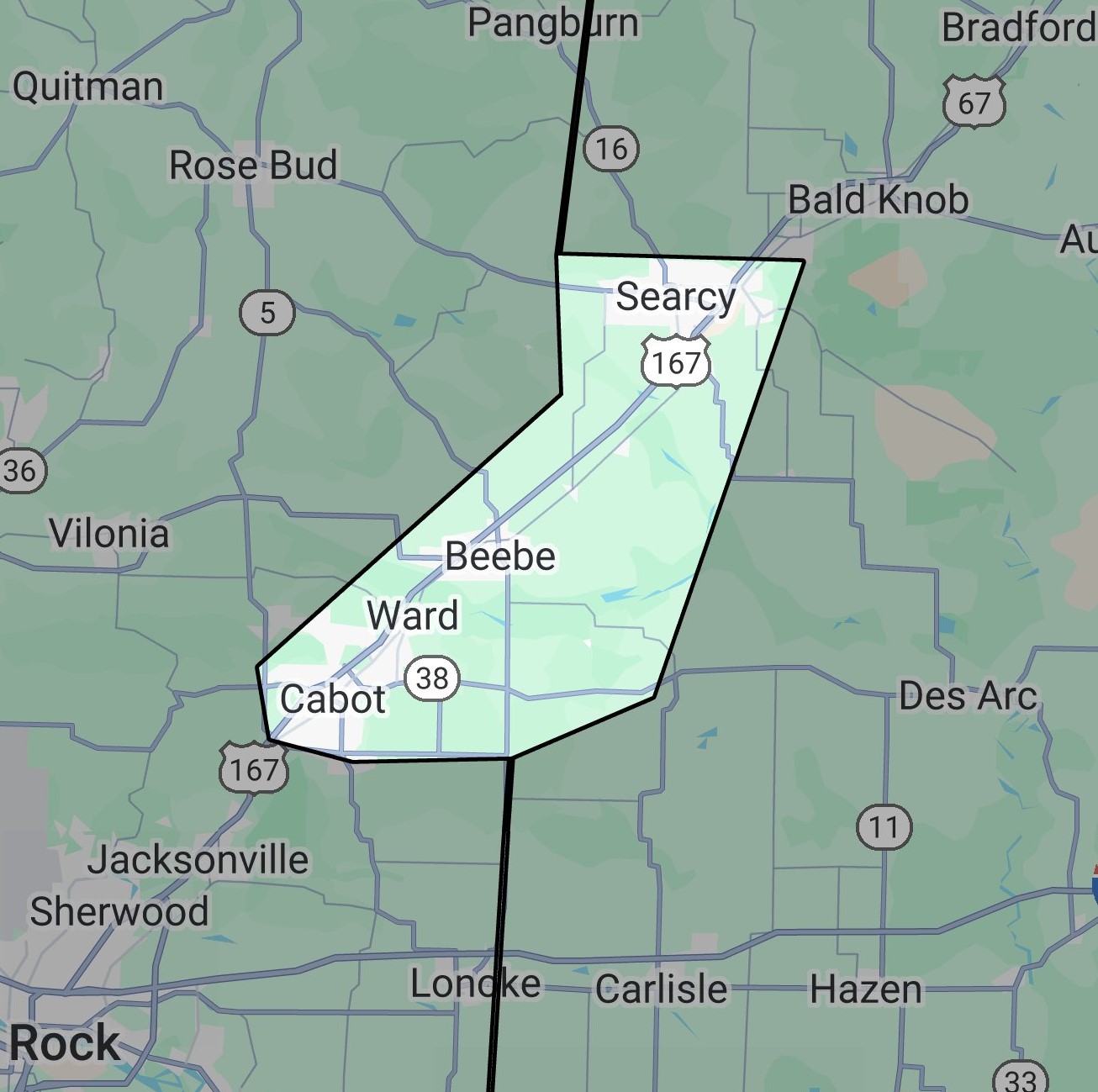 A map of our service area, including Cabot, Beebe, and Searcy.